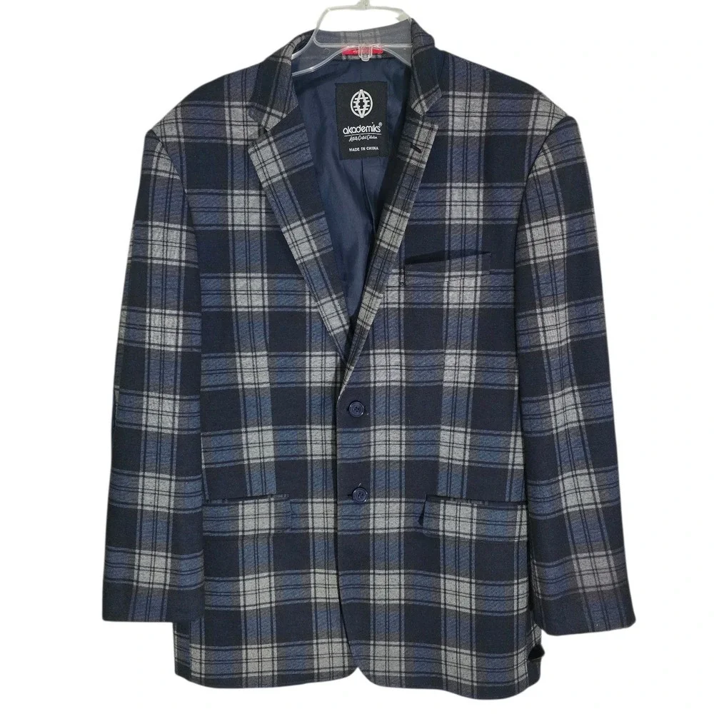 Akademiks Mens Plaid Blazer Navy Blue Grey Elbow‎ Patches Modern Fit 42R